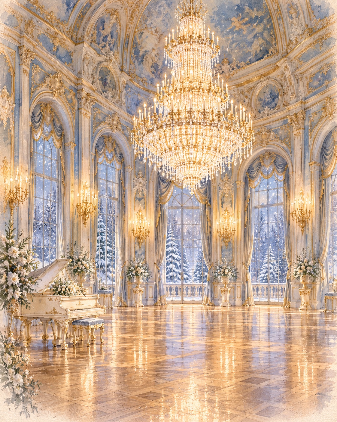 Рисованный бальный зал зимнего дворца: хрустальная люстра, голубые стены, золотая лепнина и рояль